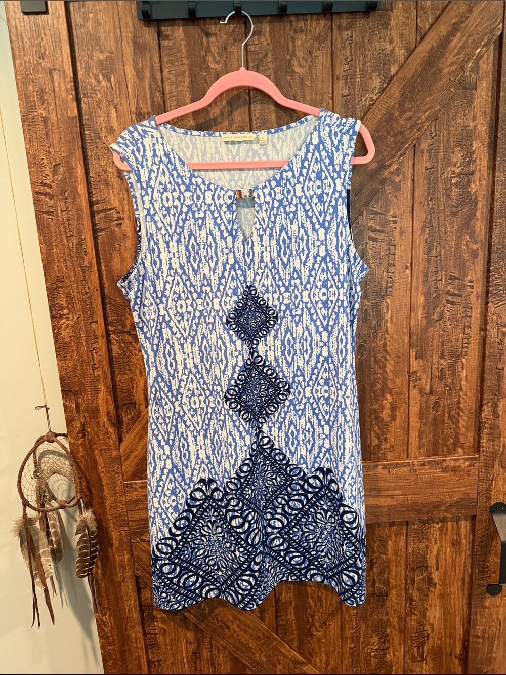Sleeveless Blue Printed Midi Dress with Keyhole